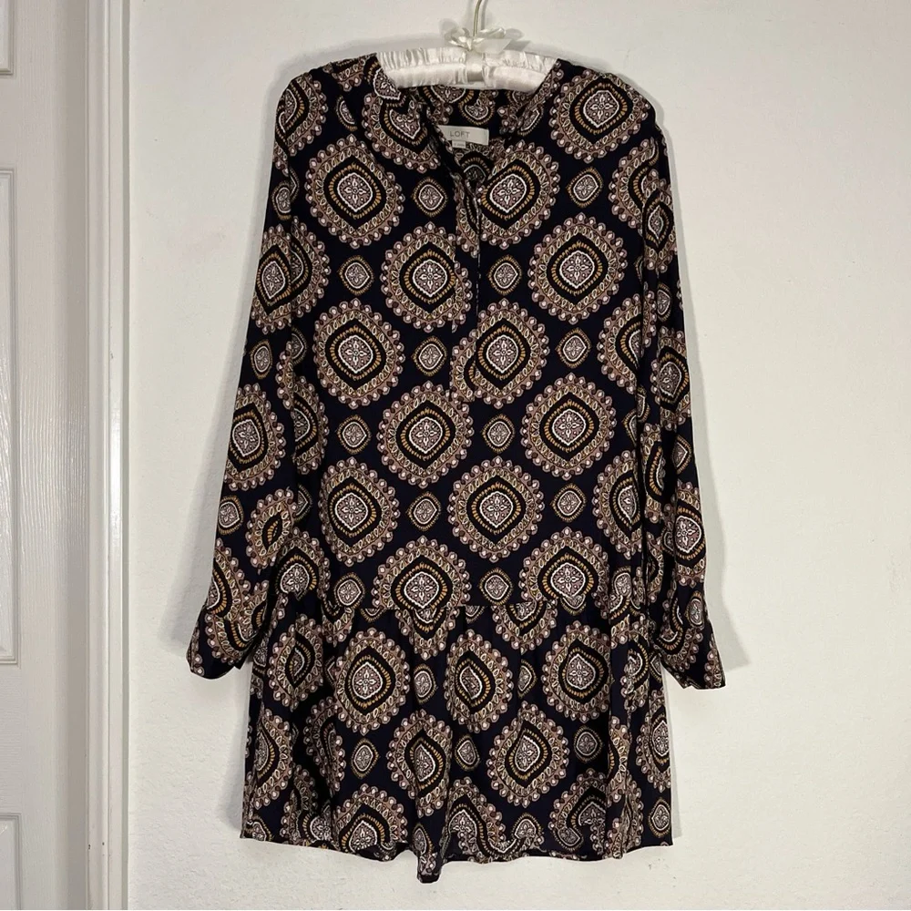 Loft Navy Blue Dress Geometric Medallion Long Sleeve Drop Waist Bohemian Sz S - Picture 6 of 14
